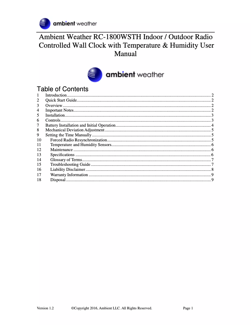 Page 1 de la notice Manuel utilisateur Ambient Weather RC-1800WSTH