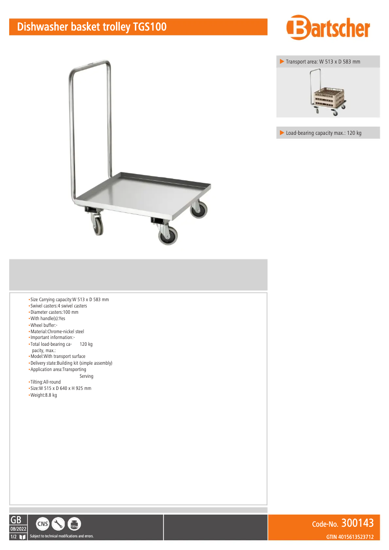 Page 1 de la notice Fiche technique Bartscher TGS100