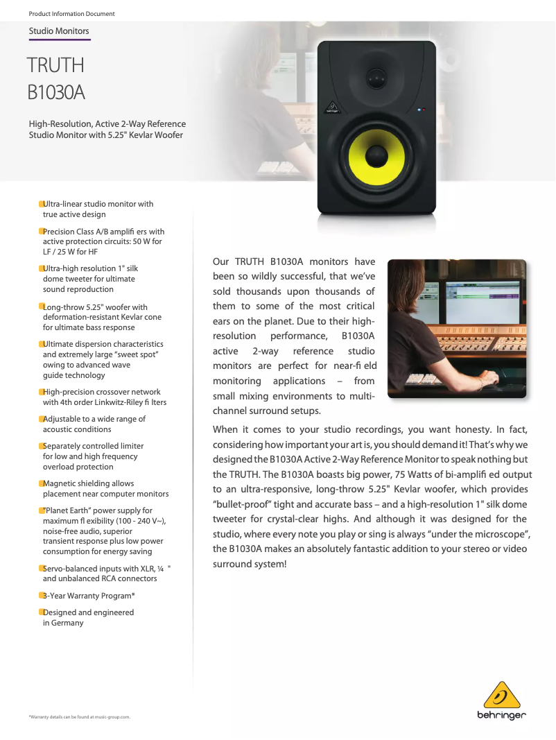 Page 1 of the manual Technical Sheet Behringer TRUTH B1030A