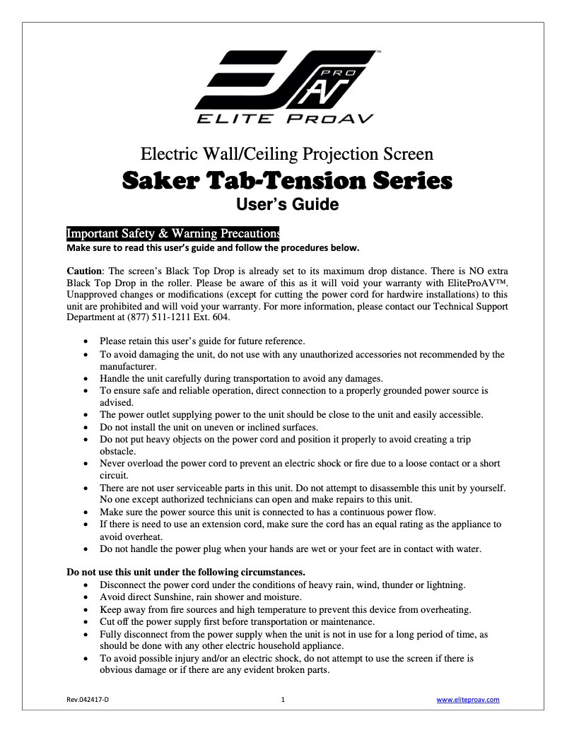 Page 1 de la notice Manuel utilisateur Elite ProAV Saker Tab-Tension