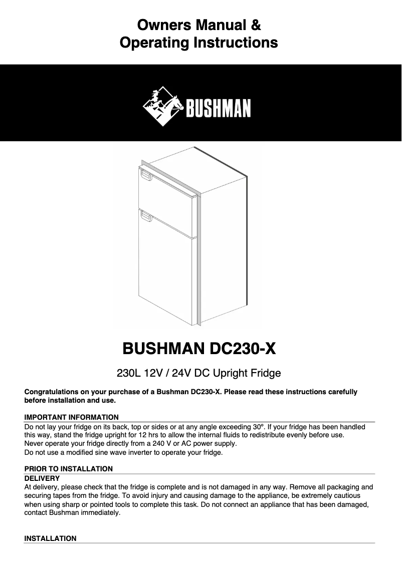 Page n°1 - Manuel utilisateur Bushman DC230-X