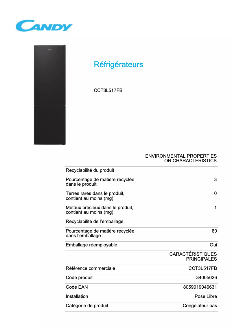 Page 1 de la notice Fiche technique Candy CCT3L517FB
