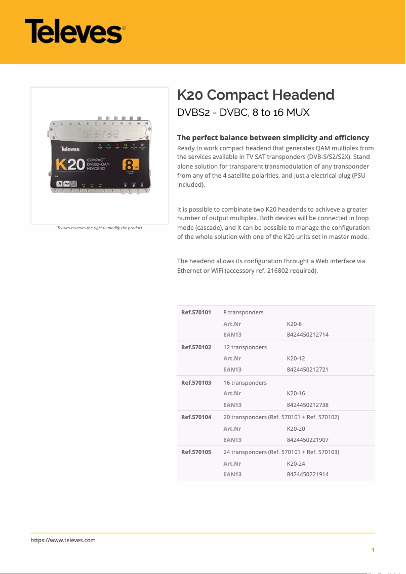 Page 1 de la notice Manuel utilisateur Televes K20
