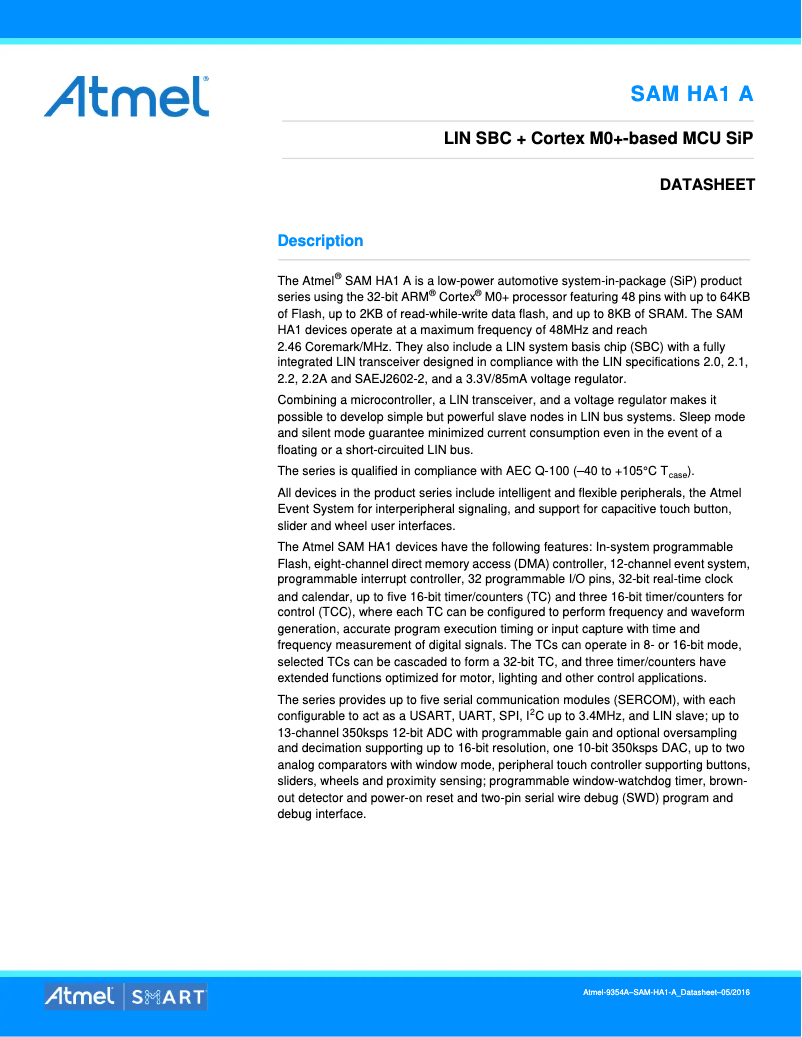 Page 1 de la notice Fiche technique Microchip ATSAMHA1G15A