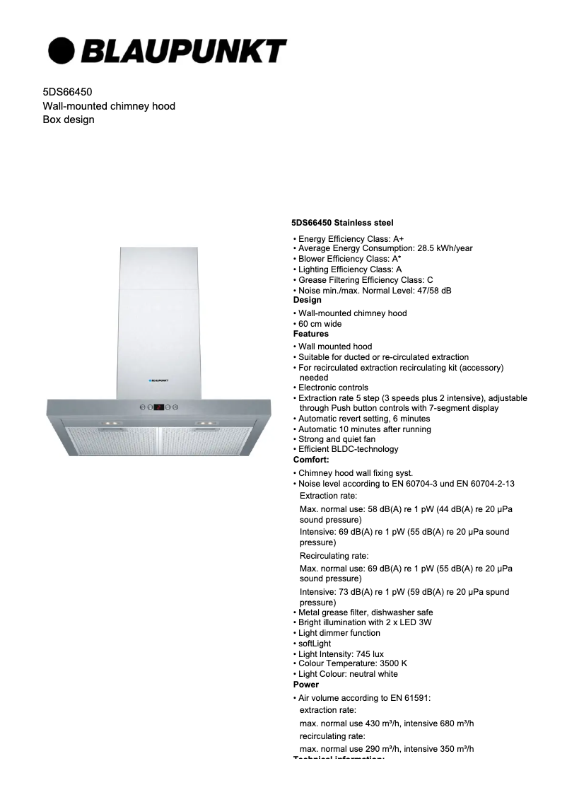Page 1 de la notice Fiche technique Blaupunkt 5DS66450