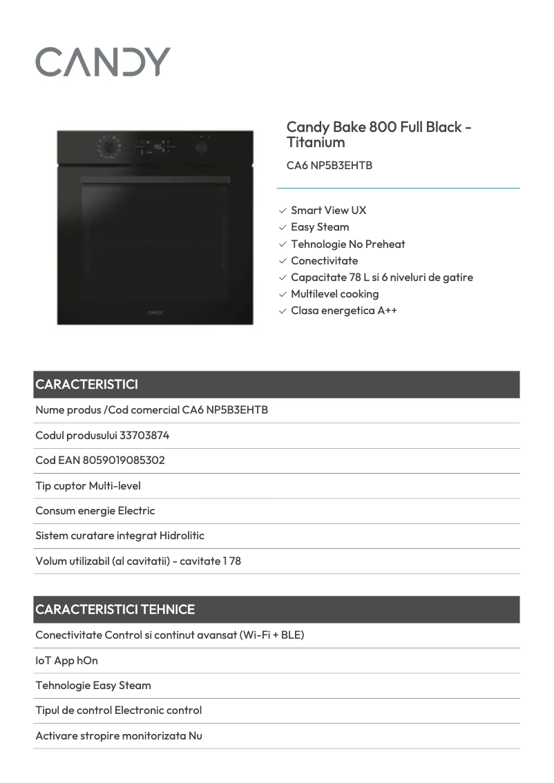 Page 1 de la notice Fiche technique Candy CA6 NP5B3EHTB