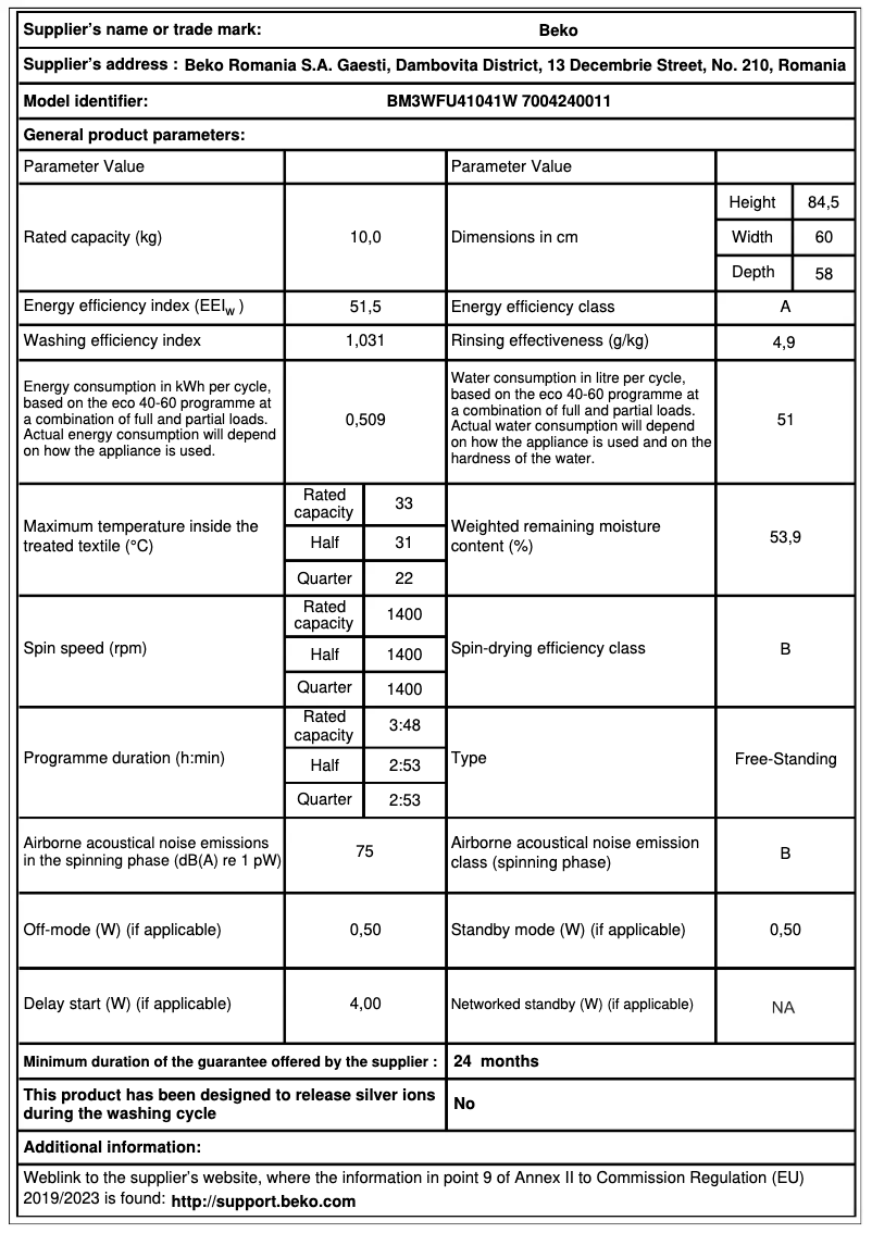 Page 1 de la notice Fiche technique Beko BM3WFU41041W