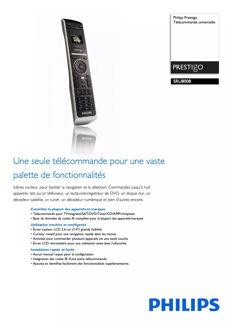 Page 1 de la notice Fiche technique Philips Prestigo SRU8008