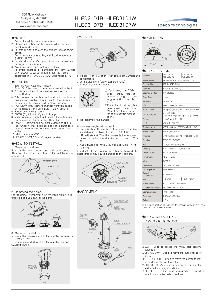 Page 1 de la notice Manuel utilisateur Speco Technologies HLED31D7W