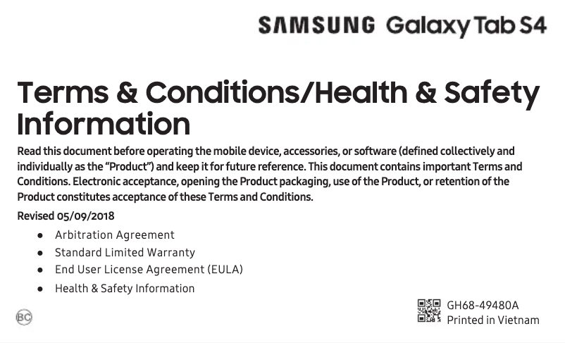 Imagen de la primera página del manual del dispositivo Galaxy Tab S4