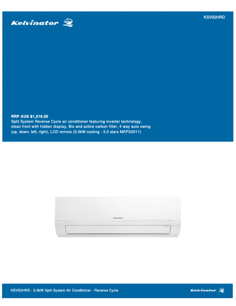 Page n°1 - Fiche technique Kelvinator KSV52HRD