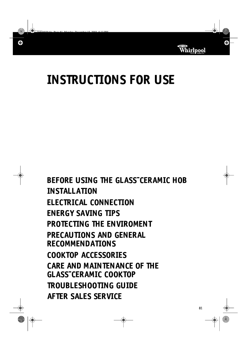 Page 1 de la notice Manuel utilisateur Whirlpool AKM 951 G/IX