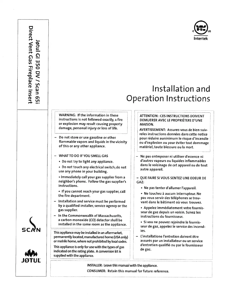 Page 1 de la notice Manuel utilisateur Jøtul GI 350 DV