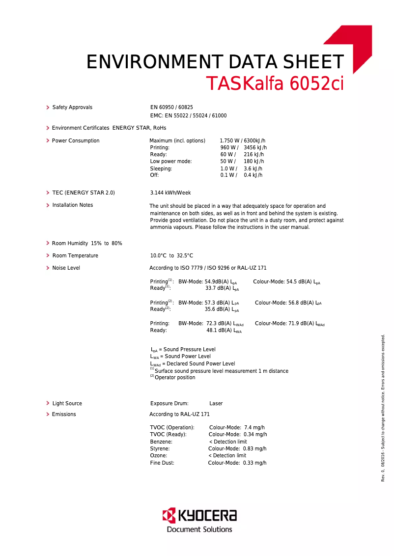 Page 1 de la notice Fiche technique Kyocera TASKalfa 6052CI