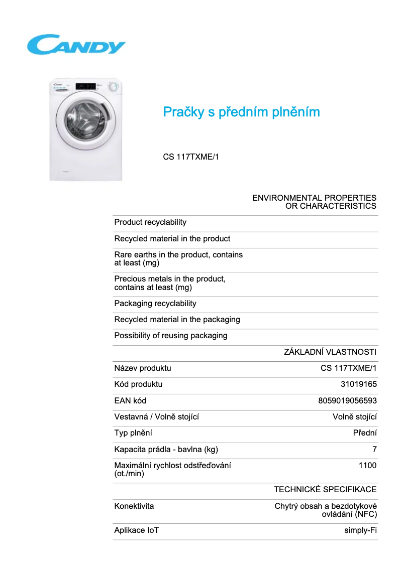 Page 1 de la notice Fiche technique Candy CS 117TXME/1