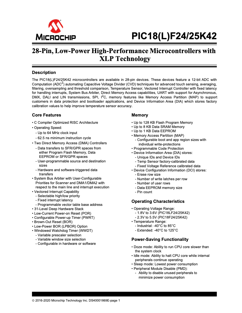 Imagen de la primera página del manual del dispositivo PIC18F25K42