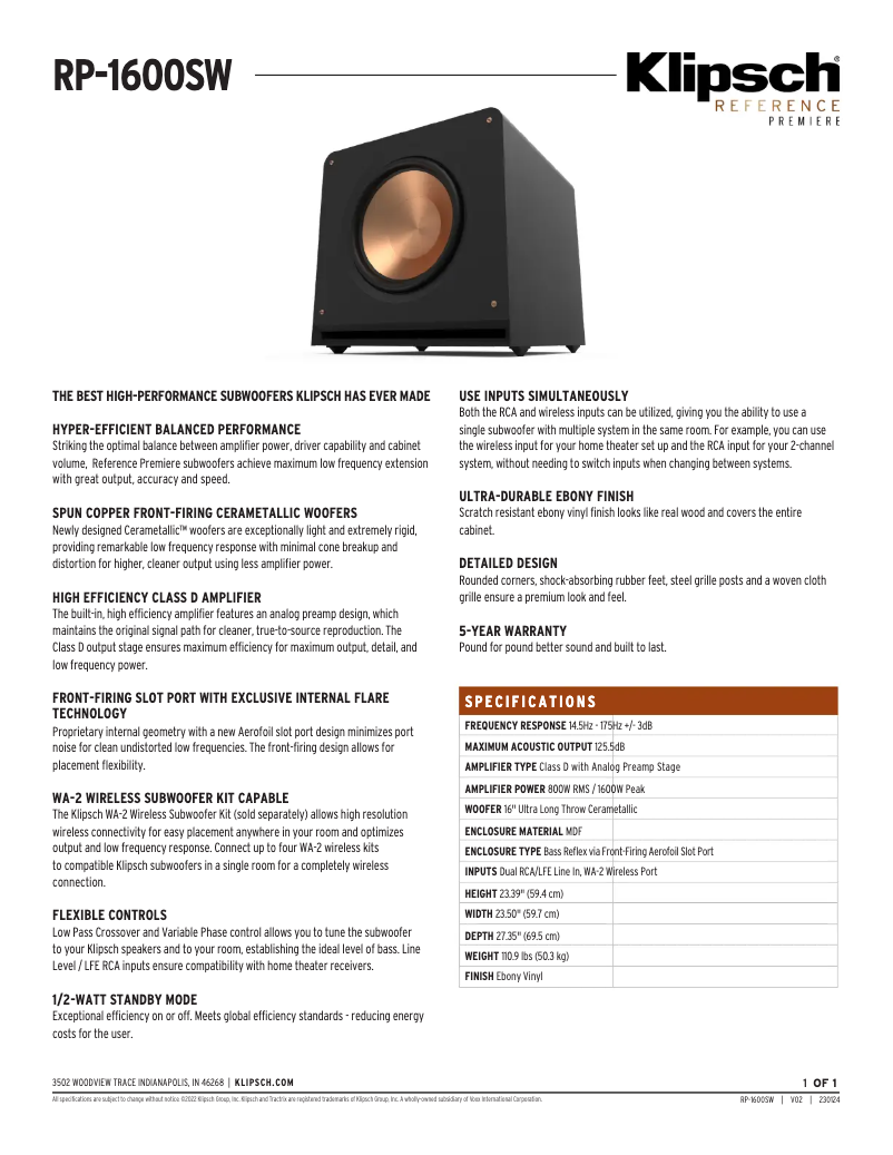 Page n°1 - Fiche technique Klipsch Reference Premiere RP-1600SW