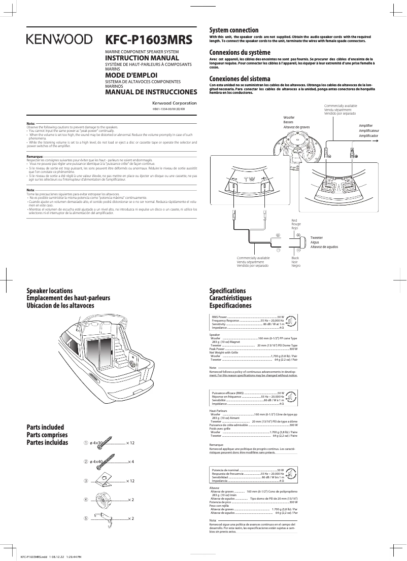 Page 1 de la notice Manuel utilisateur Kenwood KFC-P1603MRS