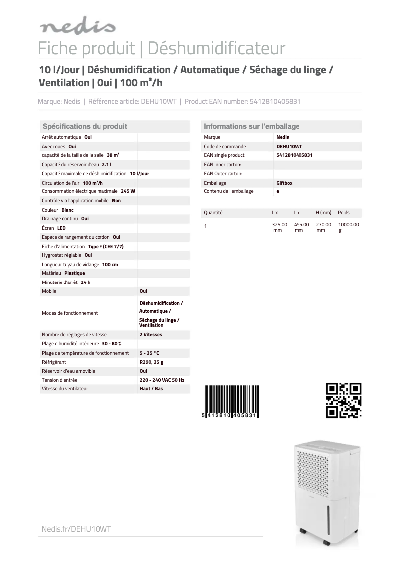 Page n°1 - Fiche technique Nedis DEHU10WT