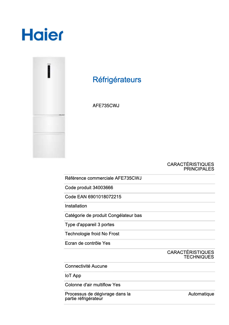 Page 1 de la notice Fiche technique Haier AFE735CWJ