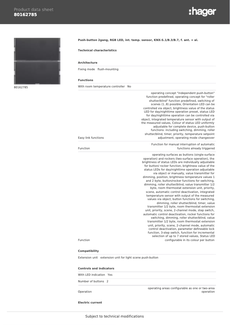 Page 1 de la notice Fiche technique Berker 80162785