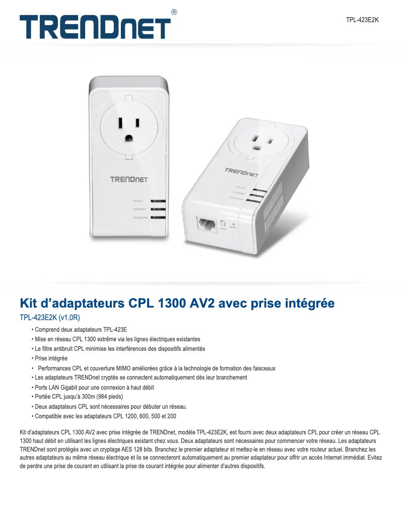 Page 1 de la notice Fiche technique TRENDnet TPL-423E2K