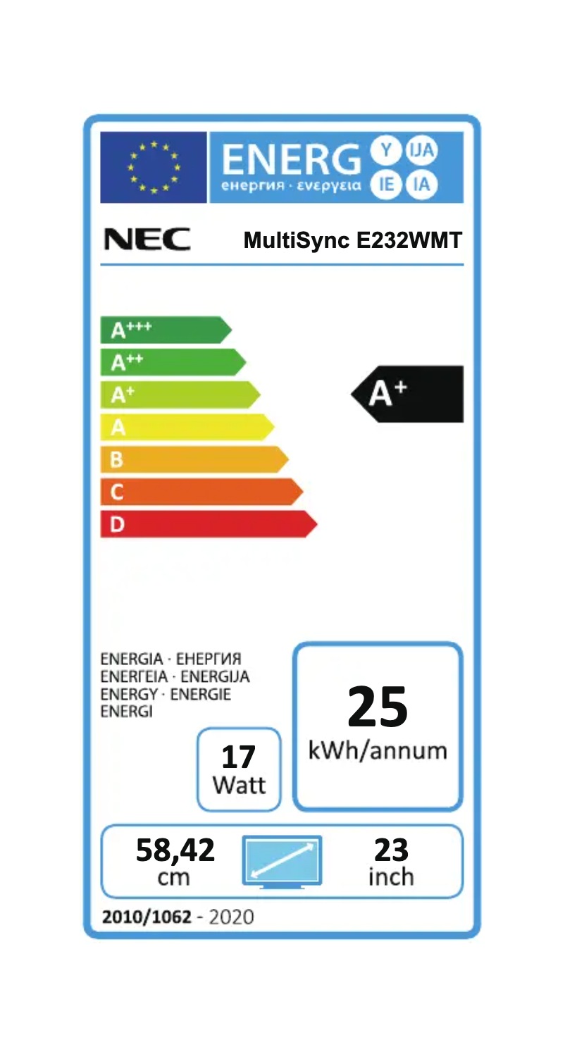 Page 1 de la notice Label énergétique NEC MultiSync E232WMT
