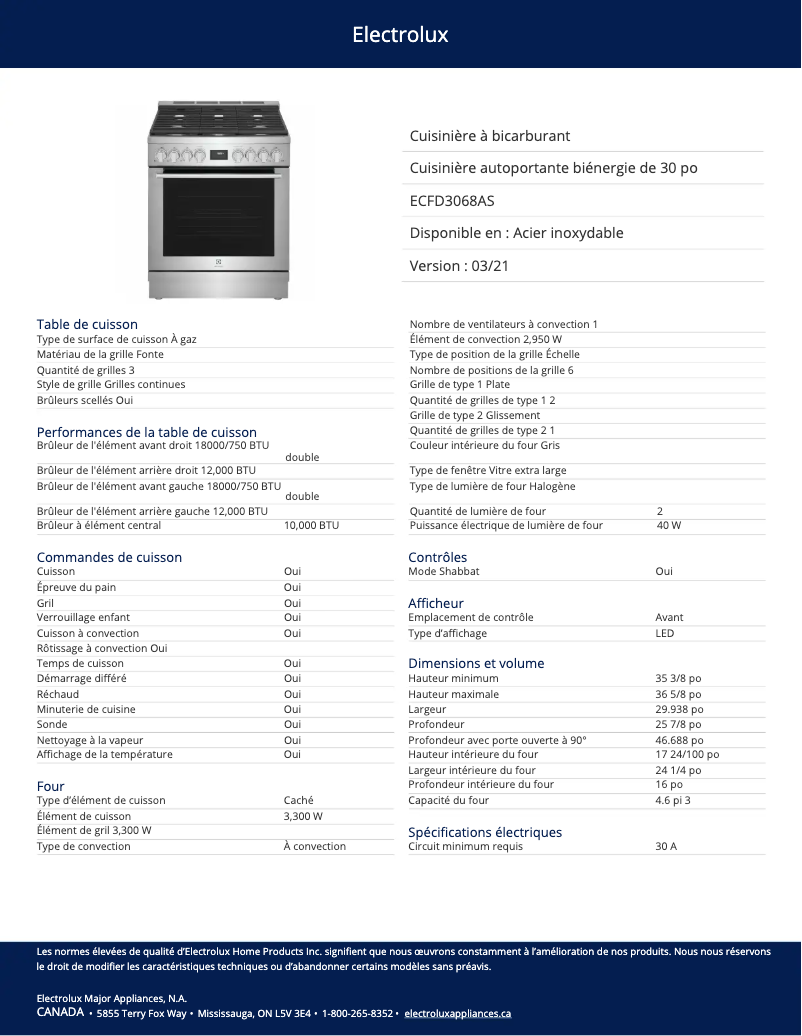 Page n°1 - Fiche technique Electrolux ECFD3068AS