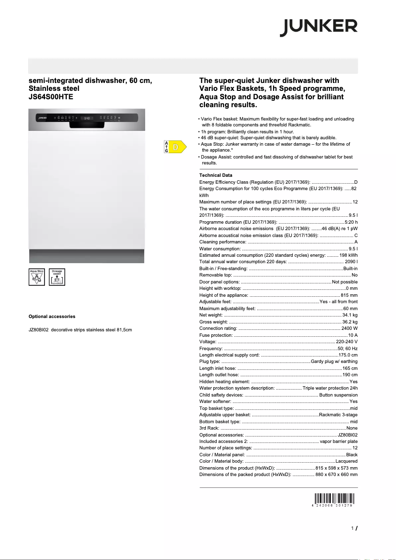 Page n°1 - Fiche technique Junker JS64S00HTE