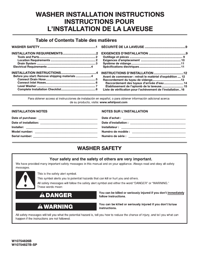 Page n°1 - Guide d'installation Maytag MVWB965HW