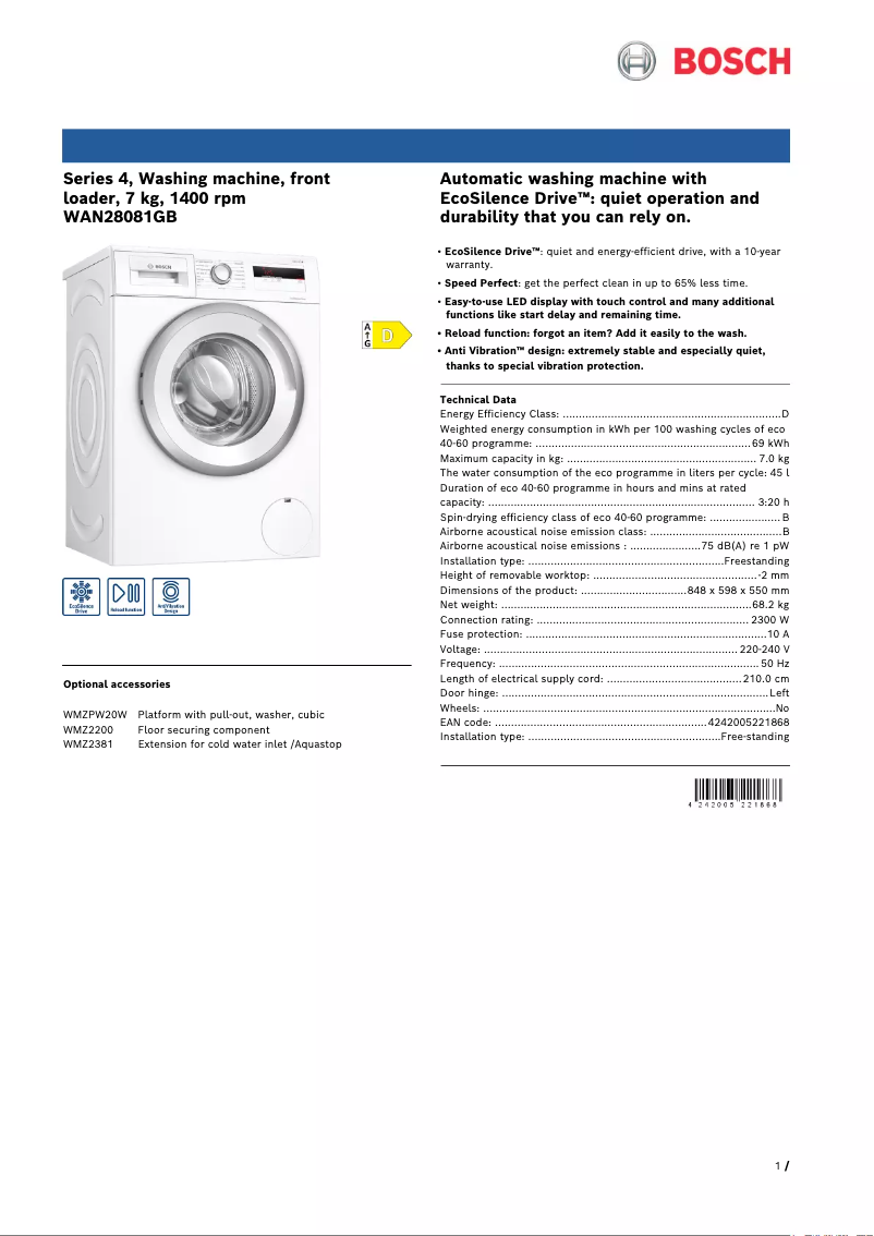 Page n°1 - Fiche technique Bosch WAN28081GB