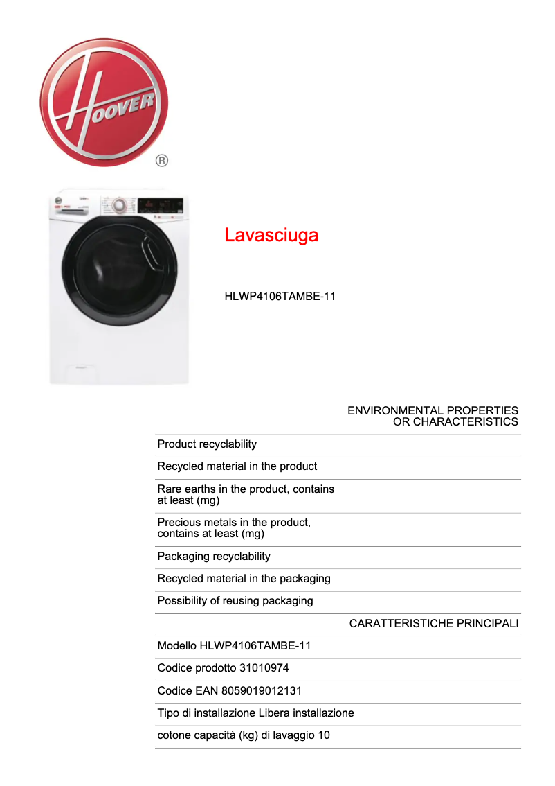Page n°1 - Fiche technique Hoover Link Pro HLWP4106TAMBE-11
