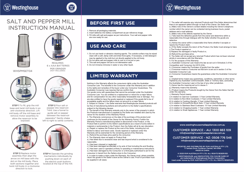 Page 1 de la notice Manuel utilisateur Westinghouse WHSPMSET04