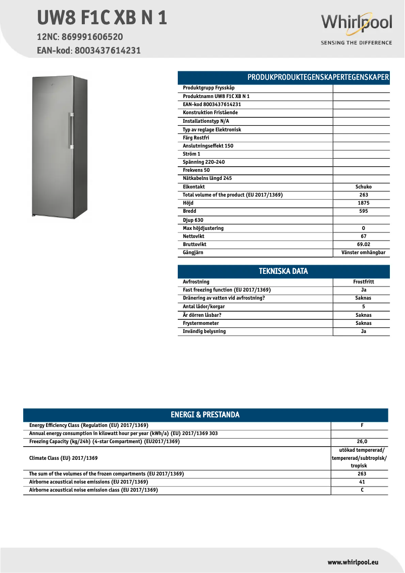 Page 1 de la notice Fiche technique Whirlpool UW8 F1C XB N