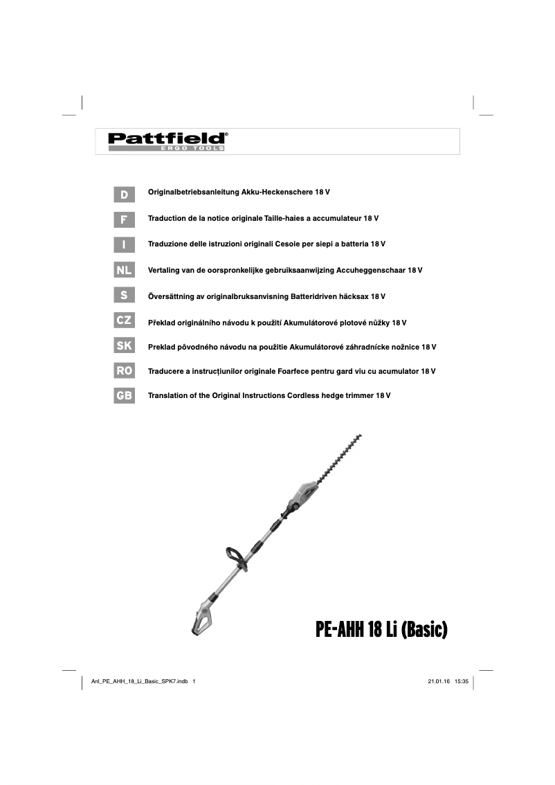 Page n°1 - Manuel utilisateur Pattfield PE-AHH 18 Li Basic