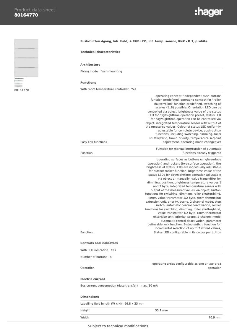 Page 1 of the manual Technical Sheet Berker 80164770