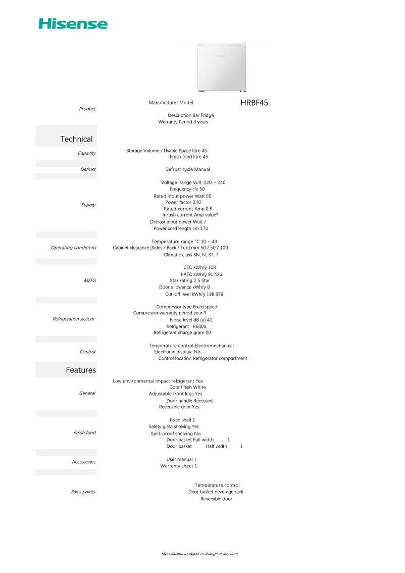 Page 1 de la notice Fiche technique Hisense HRBF45