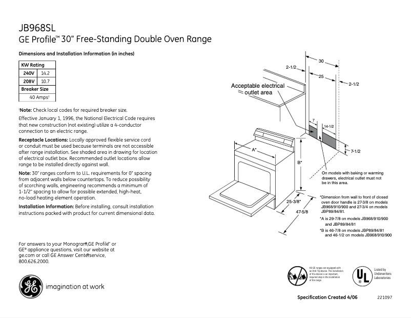 Page n°1 - Fiche technique GE Profile JB968SLSS