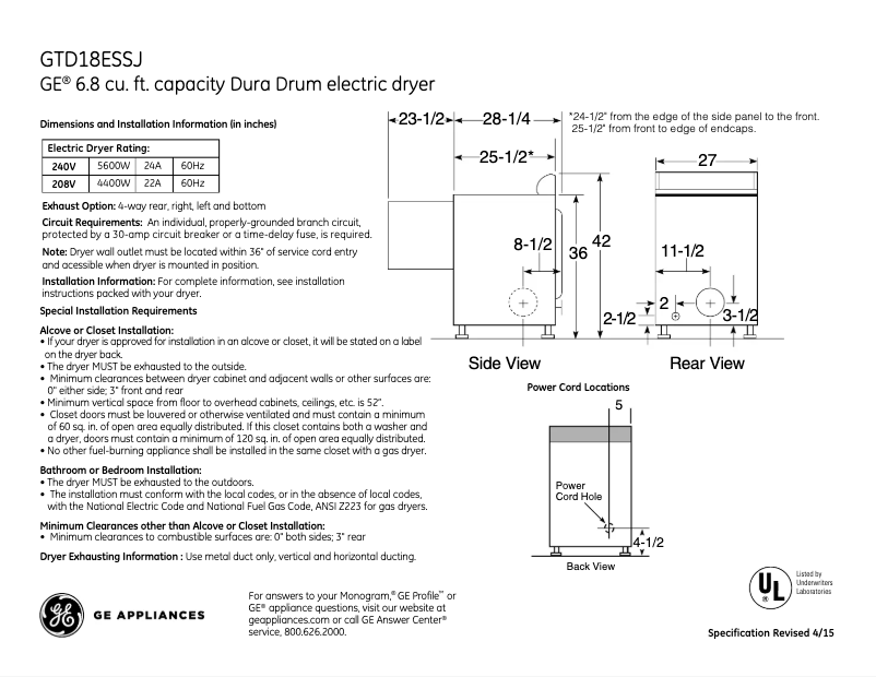 Page n°1 - Fiche technique GE GTD18ESSJWW