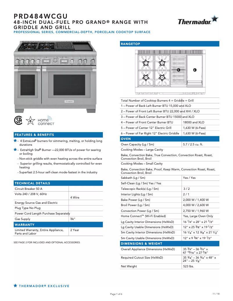 Page 1 de la notice Fiche technique Thermador Pro Harmony PRD484WCHU