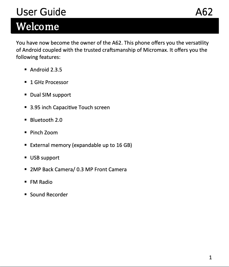 Page n°1 - Manuel utilisateur Micromax Bolt A62