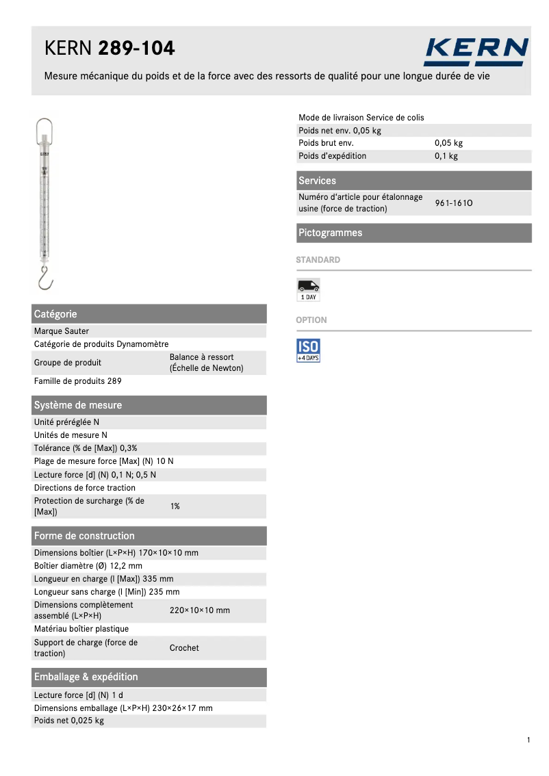 Page 1 de la notice Fiche technique Kern 289-104