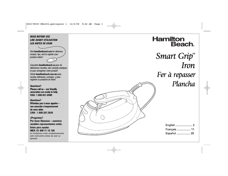 Page 1 de la notice Manuel utilisateur Hamilton Beach Smart Grip 14432