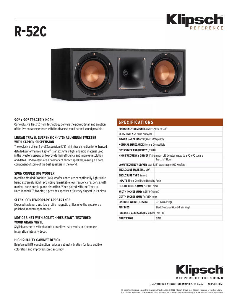 Page n°1 - Fiche technique Klipsch Reference R-52C