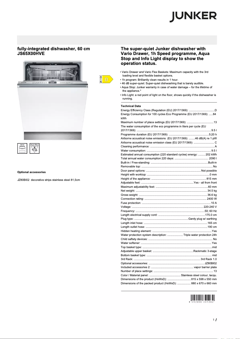 Page 1 de la notice Fiche technique Junker JS65X00HVE