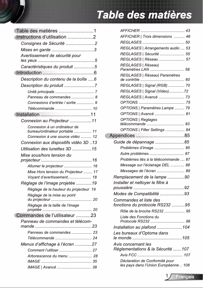 Page 1 de la notice Manuel utilisateur Optoma EH320UST