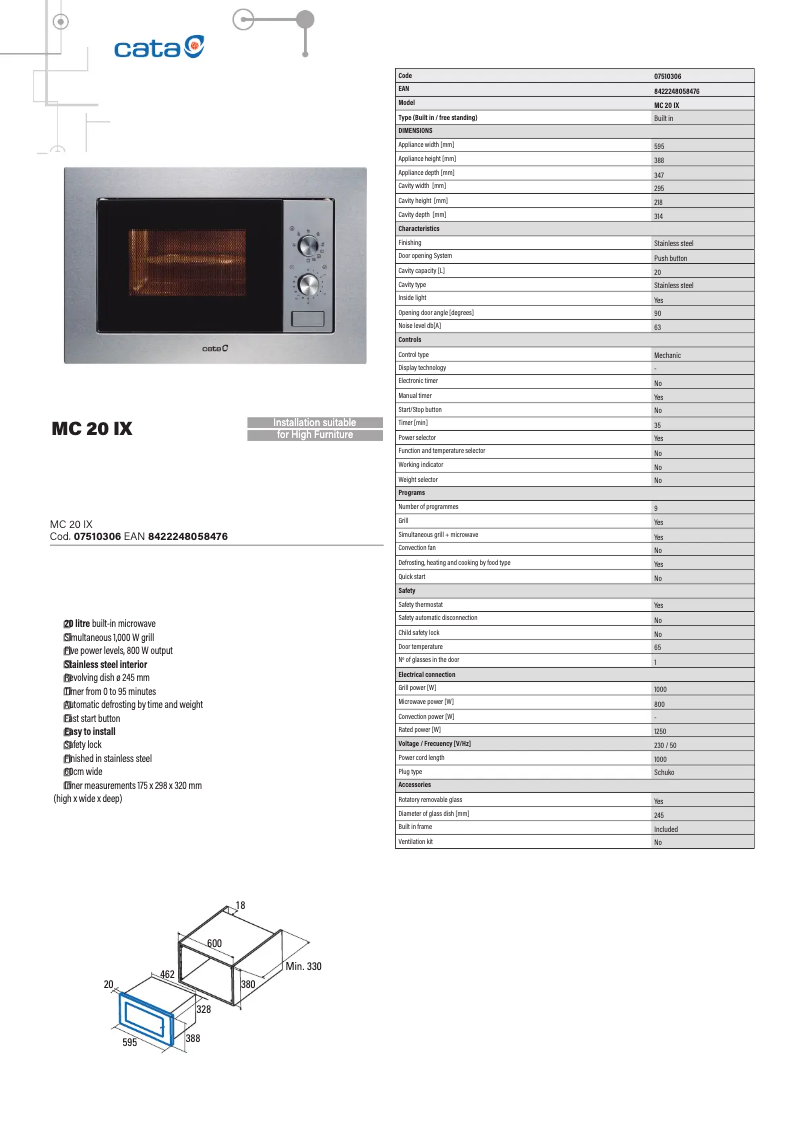 Page 1 de la notice Fiche technique CATA 20 MC IX