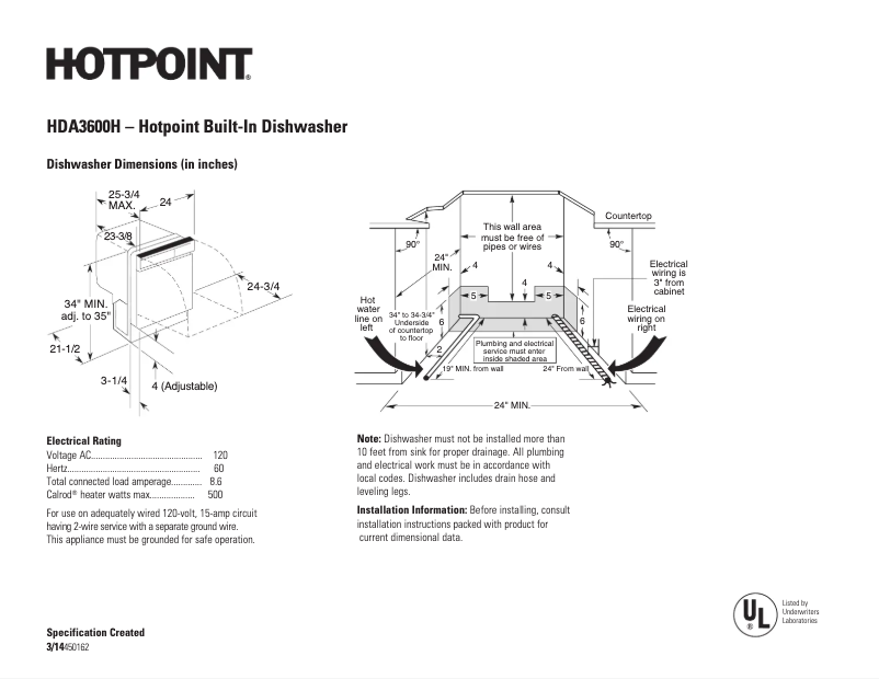 Page 1 de la notice Fiche technique Hotpoint HDA3600HWW