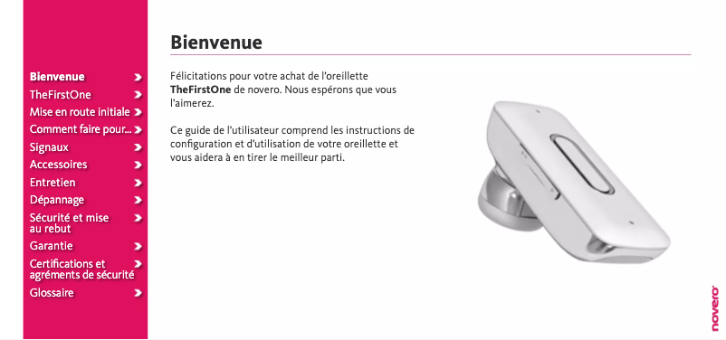 Page 1 de la notice Manuel utilisateur Novero The First One