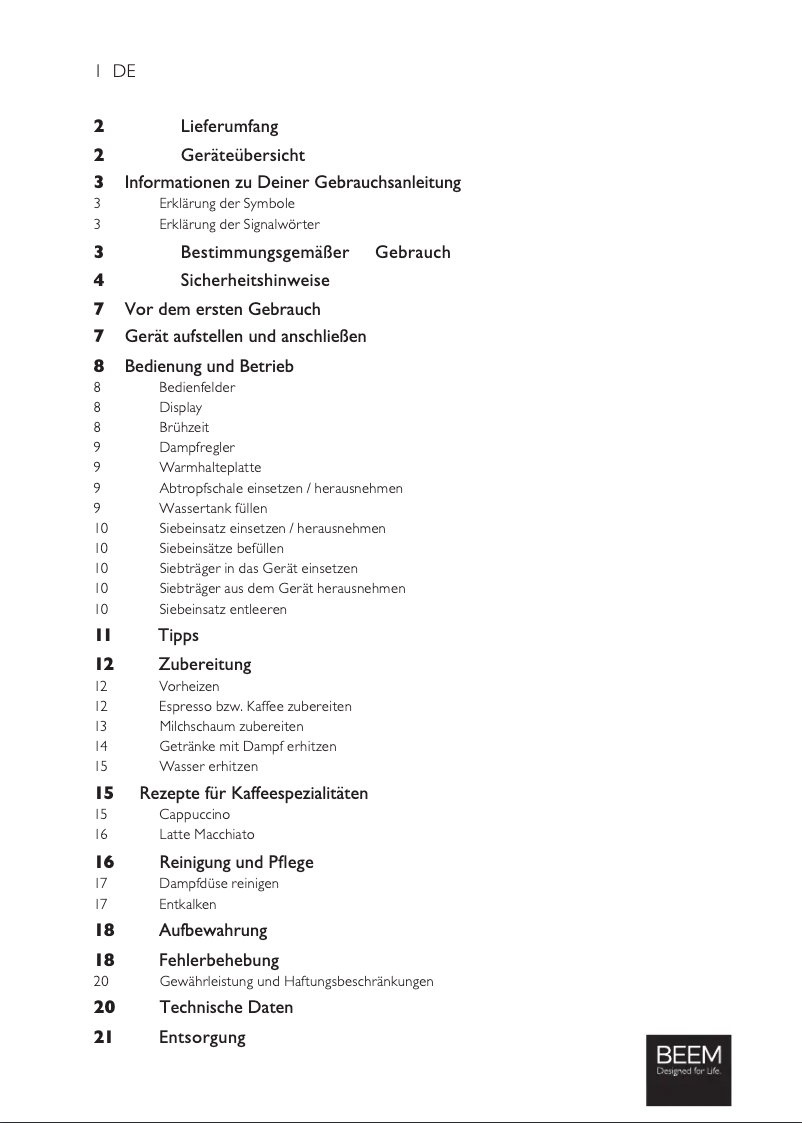 Page 1 de la notice Manuel utilisateur BEEM Espresso Select Touch